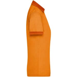 A side view of an orange polo shirt with a contrasting collar and sleeve cuffs. The shirt features a logo.