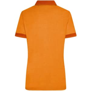 A ladies’ polo shirt in vibrant orange with contrasting collar and sleeve details, featuring a logo.