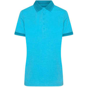 A polo shirt in bright teal with a contrasting collar and sleeve trim, featuring a logo.