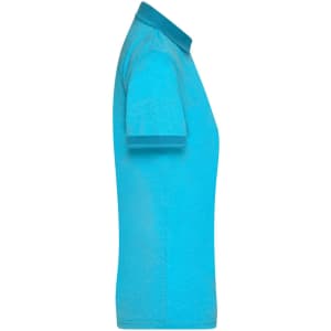 A ladies polo shirt in heather turquoise with a collar and short sleeves, featuring a logo.