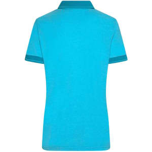A women's heather polo shirt in bright turquoise, featuring a contrasting collar and sleeves. Includes a logo.