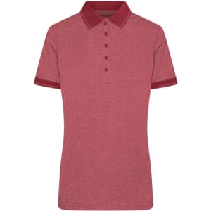 A red heather polo shirt with a contrasting collar and button-up front, featuring a logo.
