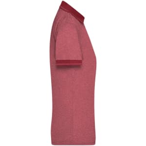 A side view of a ladies heather polo shirt in a maroon colour with a contrasting collar and sleeve trim.