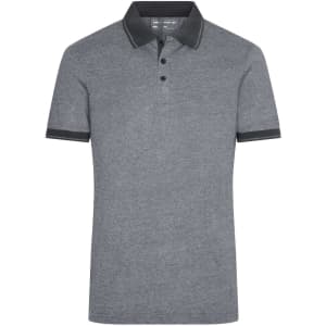 A men's polo shirt in heather grey with a dark grey collar and buttons, featuring a logo on the chest.