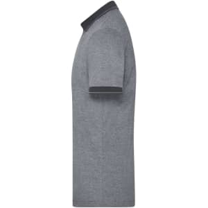 A grey heather polo shirt with a black collar and sleeves, featuring a logo on the chest.