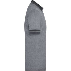 A grey men's polo shirt with a black collar and sleeves, featuring a logo. Side view displaying the shirt's fit.