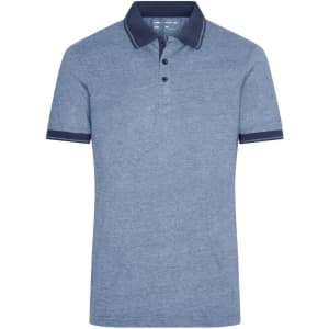 A heather blue men's polo shirt with a navy collar and sleeves, featuring a logo on the chest.