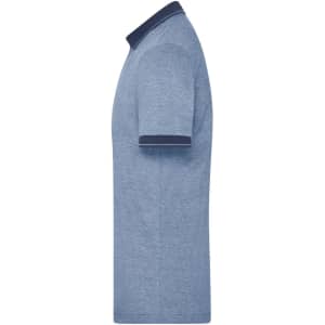 A men's heather polo shirt in blue with a contrasting navy collar and cuffs. Features a logo on the chest.