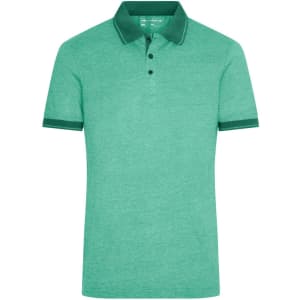 A green heather polo shirt featuring a classic collar and three-button placket, with a logo on the chest.