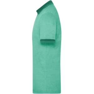 A green men's heather polo shirt with a contrasting collar and sleeve trims, featuring a logo on the chest.