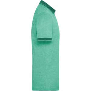 A men's heather polo shirt in a vibrant green colour, featuring a contrasting collar and sleeve bands.