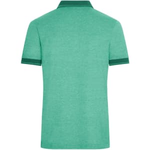 A green heather polo shirt featuring a contrasting collar and a logo. The back view is displayed.