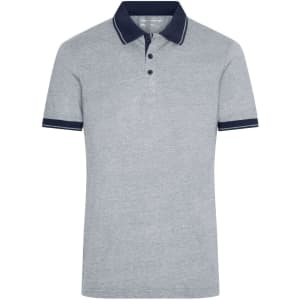 A men's grey heather polo shirt with navy accents on the collar and sleeves, featuring buttons and a logo.