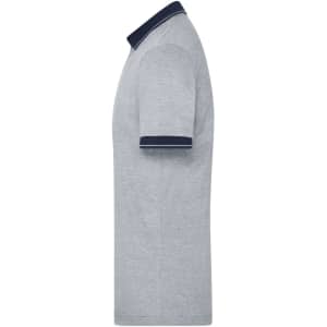 A men's heather polo shirt in grey with a navy collar and sleeve trim, featuring a logo on the chest.