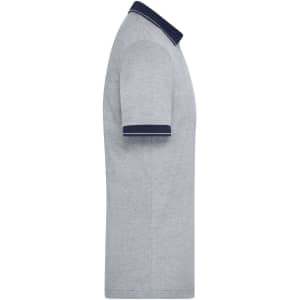 A grey men's polo shirt with a navy collar and cuffs, featuring a logo on the side.