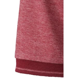 A close-up of a men's heather polo shirt in a vibrant red hue, featuring a ribbed collar and hem.