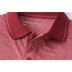 A men's heather polo shirt in a rich burgundy colour with a classic collar and button placket, featuring a logo.