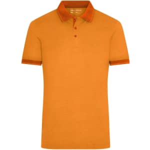 An orange polo shirt featuring a contrasting collar and sleeve trim, designed for men with a logo.