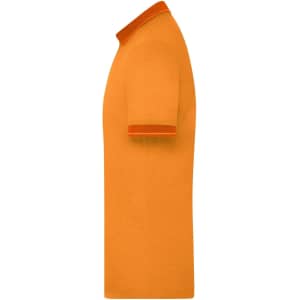 A men's heather polo shirt in vibrant orange, featuring a contrasting collar and sleeve trim. Contains a logo.