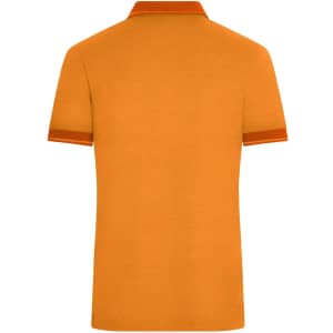 A men's heather polo shirt in vibrant orange with contrasting collar and sleeve details, featuring a logo.