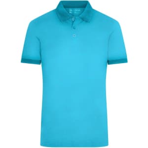 A turquoise polo shirt featuring a classic collar and short sleeves, with a logo on the chest.