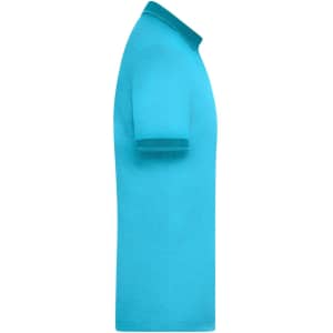 A turquoise men's polo shirt with a classic collar and short sleeves, featuring a logo on the chest.
