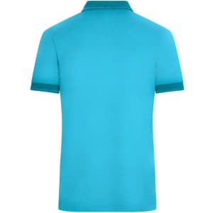 A men's polo shirt in bright turquoise with contrasting trim, featuring a logo on the chest.