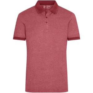 A red heather polo shirt with a collar and short sleeves, featuring a logo on the chest.