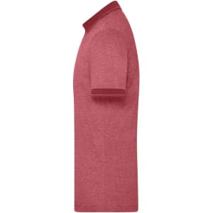 A red heather polo shirt with a collar and short sleeves, featuring a logo on the chest.