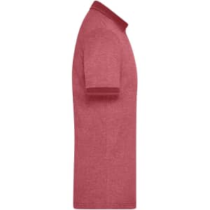 A side view of a men's heather polo shirt in a rich red colour, featuring a contrasting collar and a logo.