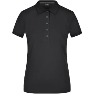 A black ladies' Pima polo shirt with a classic collar and button placket, featuring a logo.