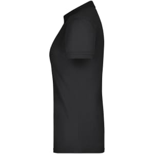 A black ladies' polo shirt featuring short sleeves and a collar. It has a logo on the design.