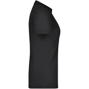 A black ladies' polo shirt with a classic fit, featuring a collar and short sleeves. It has a logo on it.