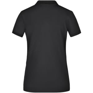 A black ladies' Pima polo shirt featuring a classic design and a smooth finish. It has a logo on the back.