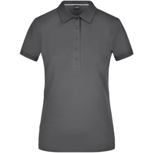 A ladies' grey Pima polo shirt featuring a classic collar and button placket, with a logo on the chest.