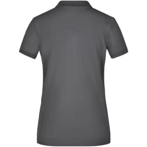 A grey ladies' polo shirt with a classic design and a logo on the back. Short sleeves and a sleek fit.