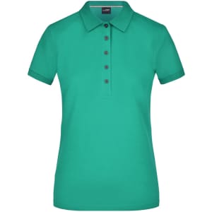 A teal ladies polo shirt with a collar and button-up front, featuring a logo on the chest.