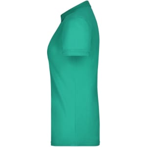 A turquoise ladies' Pima polo shirt displayed from the side, featuring a collar and short sleeves.