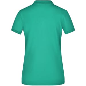 A turquoise ladies' polo shirt with short sleeves and a collar, featuring a branding logo.