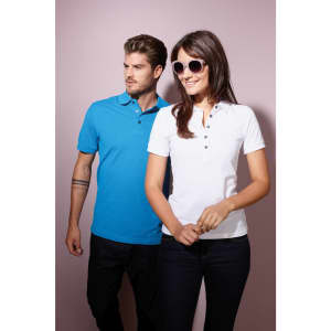 A blue polo shirt and a white polo shirt are worn by a man and woman against a pink background. Each shirt has a logo.
