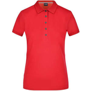A red ladies polo shirt featuring a collared neckline and button placket, designed with a branded logo.
