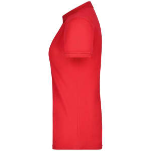 A red ladies' Pima polo shirt displayed from the side, showcasing its fitted design and short sleeves.