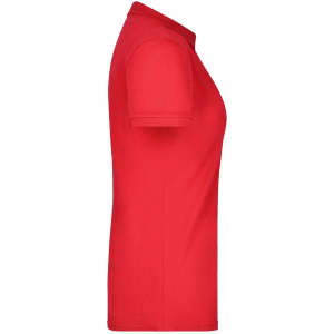 A red ladies' polo shirt displayed from the side, featuring a collar and a branded logo.