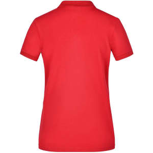 A red ladies' polo shirt featuring a classic design and a logo on the back.
