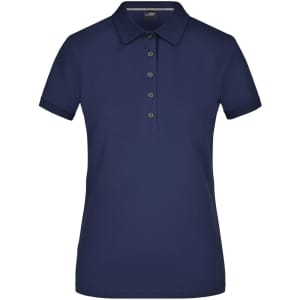 A navy blue ladies' polo shirt featuring a collar and a button placket, with a logo on the chest.