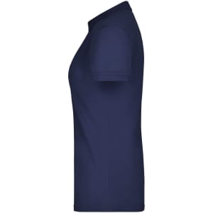 A navy blue ladies' polo shirt with a classic design, featuring a collar and short sleeves. It has a logo on the side.
