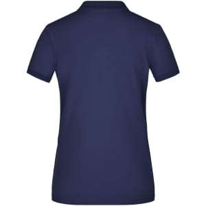 A navy blue ladies polo shirt with a short sleeve design and a subtle logo on the back.