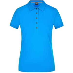 A ladies' polo shirt in bright blue, featuring a collar, short sleeves, and a button placket with a logo.