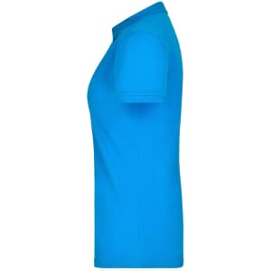 A blue ladies' polo shirt featuring short sleeves and a classic collar, with a logo on the chest.