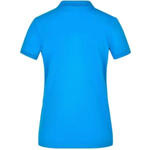 A blue ladies' polo shirt with short sleeves, featuring a collar and a logo on the back.